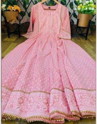 SEAKART  Women Printed Viscose Rayon Anarkali Kurta  (Pink)