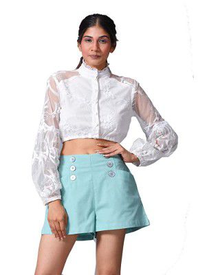 Secert Bazaar Women Shorts with Insert Pockets and Button Details at Waist for Woman & Girls Mint Green