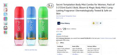 Secret Temptation Body Mist Combo for Women, Pack of 3 (135ml Each) 