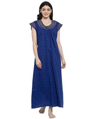 Secret Wish Womens Turquoise Blue Printed Cotton Nighty (Free Size)