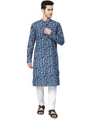 SEE DESIGN Mens Cotton Kurta Pyjama Set Blue S