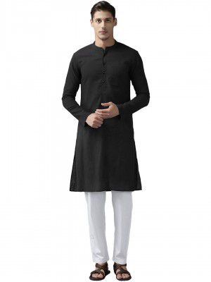 See Designs Black Cotton Regular Fit Kurta Madern Collar Stright Hem Side Full Sleeve Straght Kurta