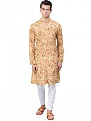 See Designs Men's Cotton Regular Fit Printed Straight Kurta [Cream]