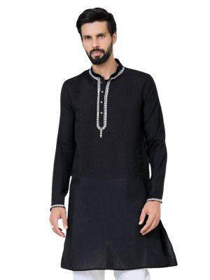 See Designs Men's Full Sleeve Mandarin Collar Sequins Embroidered Chanderi Straight Long Kurta with Yoke Design - Festive Collection