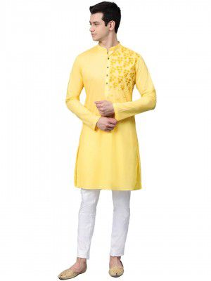 See Designs Yellow Cotton Regular Fit Embroidered Kurta