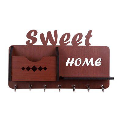 Sehaz Artworks Wooden Key Holder for Home Wall Stylish | Key Stand | Mobile Holder for Wall | Key Hanger | Key Chain Holders for Wall (7 Hooks, MDF Brown)