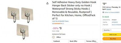 Self Adhesive Heavy Duty Golden Hook Hanger Back Sticker only no Hook