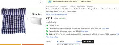 Seltocs Soft Cotton Filled Mattress Gadda 3x6 (3 inch Single) Cotton Mattress + Pillow Cotton Stripes Sleeping Pillow Pack of 1  (Blue, White)