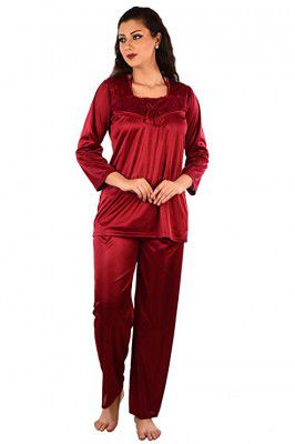 Senslife Satin Full Sleeves Solid Pyjama Set for Women