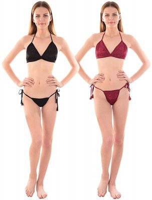 Senslife Women Satin Combo Night wear Lingerie Set of 2 SLCOM003 (Black & Wine, Free Size)