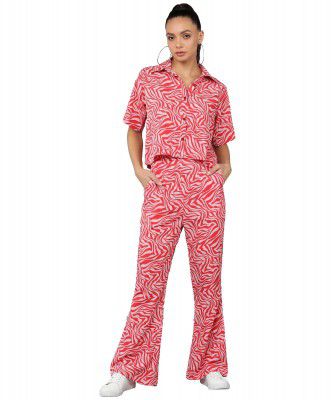 Serein Fashfun Women's Co-ord Set (Red Animal Printed Crepe Crop Shirt & Elasticated Waist Pant Set)