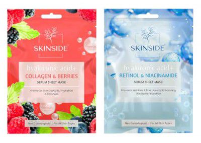Serum Sheet Mask for Glowing Skin with Hyaluronic Acid | Face Mask Sheets Combo (2, Collagen & Berries | Retinol & Niacinamide)