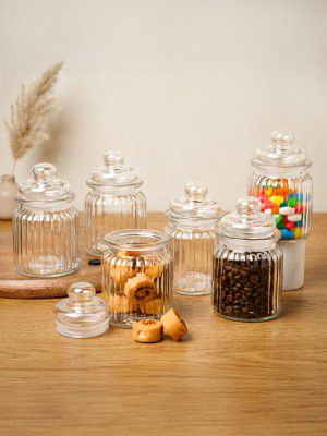 Set of 6 Airtight Transparent Ribbed Pattern Glass Jars 300ml Each