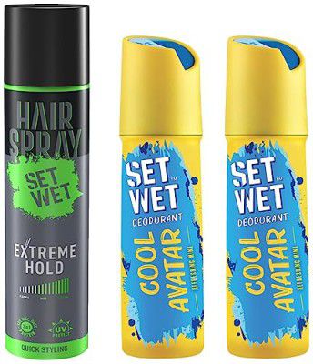 SET WET Deodorant For Men Cool Avatar Refreshing Mint, 150ml (Pack of 2) & Set Wet Hair Spray for Men Extreme Hold 200ml | No Sulphate, No Paraben | Quick Hair Styling and Setting, No Flaking