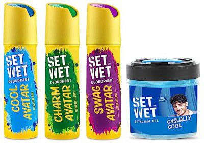 Set Wet Deodorant Spray Perfume, 150ml (Cool, Charm and Swag Avatar Pack of 3) and Cool Hold Strength Hair Gel, 250ml for Men