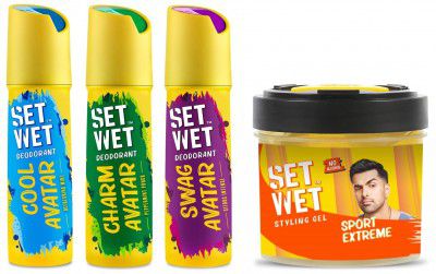 Set Wet Deodorant Spray Perfume, 150ml (Pack of 3) and Hair Gel Ultimate Hold, 250ml