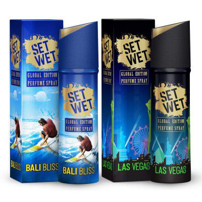 Set Wet Global Edition, Bali Bliss & Las Vegas Live, No Gas Perfume Body Spray & Deodorant For Men, Long Lasting Fragrances, Pack of 2,120 ml Each
