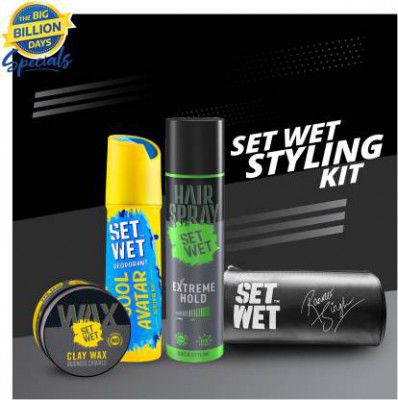 SET WET Mens Styling Kit-Deodorant(150ml),Clay Hair Wax(60g),Hair Spray(200ml) & Pouch Hair Wax (4)
