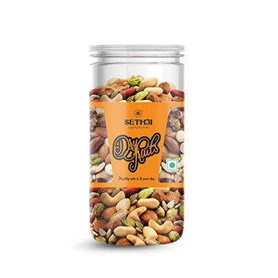 SETHJI Delicious Mix Dry Fruit Nuts Jar [Almonds, Cashews, Raisins, Pistachios, Walnut Kernels, Figs, Kalidrakh] Healthy Gift Hamper, 500 Gram