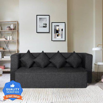 Seventh Heaven 78x36x14 inch Jute Fabric with 4 Cushions 4 Seater Single Foam Fold Out Sofa Cum Bed  (Finish Color - Grey Delivery Condition - Pre-assembled)