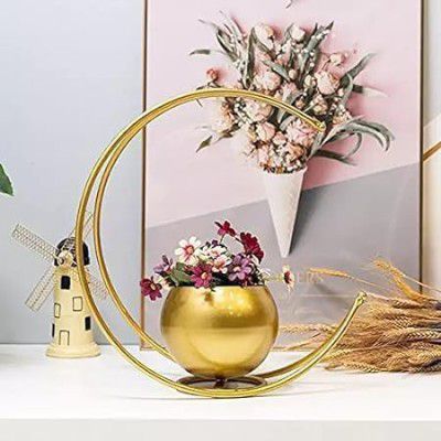 SH IMPEX Geometric Metal Flower Round Vase Diwali Gift Items For Home Decoration Tabletop, Side Table, Living Room, Home Office Decoration, Home Decorative Items, Golden 9 Inches Height (1 Piece)