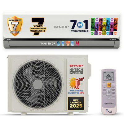 SHARP 1.5 Ton 5 Star Dual Inverter Split AC (Copper, 7 Years Comprehensive Warranty, 58° Cooling, 7in1 Convertible, 4Way Swing, 2025 Model, AHSI20V5BSCHD, White)