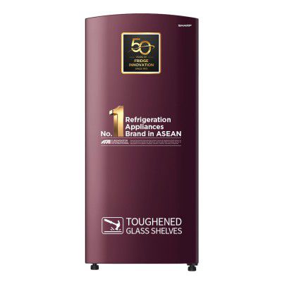 SHARP 187 L Direct Cool Single Door 2 Star Refrigerator | Glass Shelves| 2.25L Bottle Space | Japan 7 Shield Protection | 60 Mins Fast Ice (Solid Red, SJ-DF207N2-PRS)