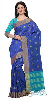 Shasmi Womens Cotton Blend Jacquard Woven Saree (Bahubali Peacock Blue and Gold)