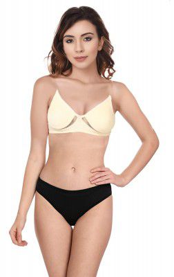 She wears Wirefree Non-Padded T-Shirt Bra Panty Set with Detachable Transparent Straps for Women/Girls.