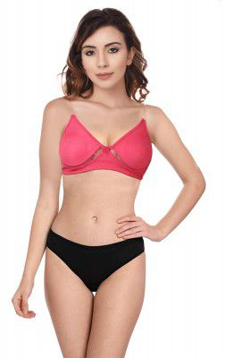 She wears Wirefree Non-Padded T-Shirt Bra Panty Set with Detachable Transparent Straps for Women/Girls.