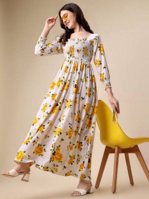 Sheetal Associates  Women Fit and Flare Yellow, White, Green Dress