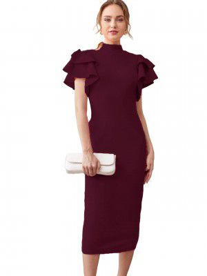 Sheetal Associates Women's Layered Sleeves High Neck Bodycon Casual Knee Length Midi Dress