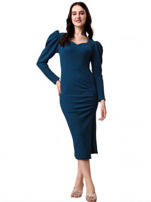 Sheetal Associates Women's Puff Sleeve Sweetheart Neck Bodycon Casual Midi Dress