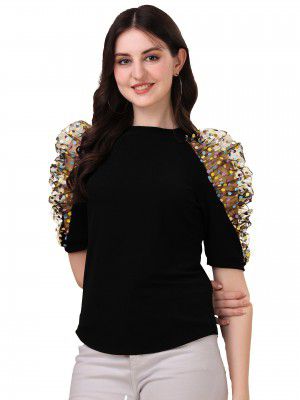 Sheetal Associates Women's Solid Regular Fit Polyester Puff Sleeve Classy Casual Top