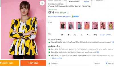 Sheetal Associates&nbsp;Casual Puff Sleeves Floral Print Women Yellow Top