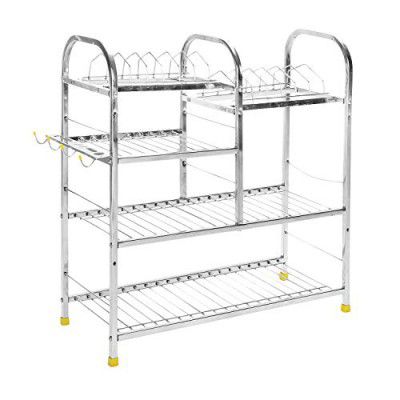 Shengshou Stainless Steel 4 Layer Wall Mount Kitchen Dish Rack | Utensils Rack with Plate & Cutlery Stand | Modular Kitchen Storage Rack | Kitchen Organizer (24 x 24 inches)