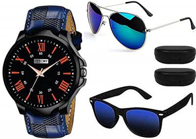 Sheomy Jet Black Strap Analogue Free Size Watches and Aviator Sunglasses Combo for Men and Women (Zed Full Black) - Set of 3