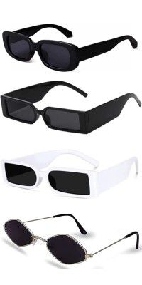 Sheomy MC stan Shades Unisex Set of 4 MC stan goggles rectangular Non-Polarized Sunglasses MC stan shades Retro Vintage Narrow White Black Goggle Glasses (Medium)