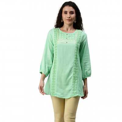 SheWill Cotton Blend Stripe Print Embroidered A-Line Tunic