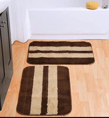 Shingaar-home Set of 2 Piece mats with Anti Skid Rubber Backing Colour Cofee with Gold Strip Size( 40 x 60 cm) Set of 2 Piece