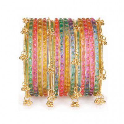 Shining Diva Fashion 16 Pcs Trendy Stylish Glass & Kashmiri Ghungroo Bangles Set 