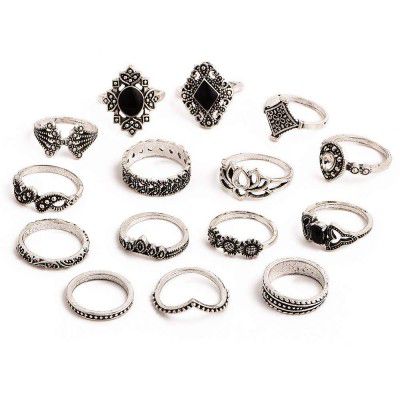 Shining Diva Fashion Non Precious Base Metal Boho Midi Finger Ring for Girls - Set of 15 (Silver, 11800r)
