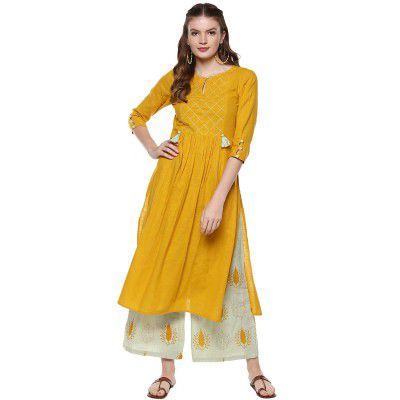 SHIRTWALAS Jaipuri Rajasthani Rayon Straight Kurti with Plazzo for Women & Girls Dress -XvygzK