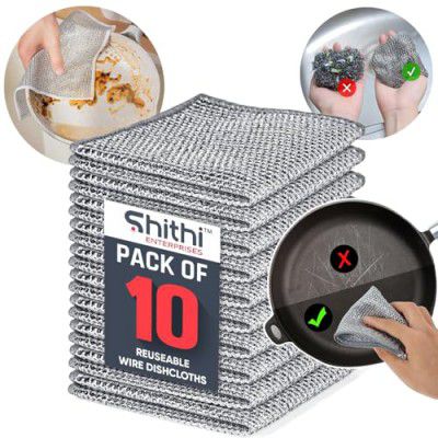 SHITHI Kitchen Multipurpose Reusable Wire Dishwashing Rags Stainless Steel Dishcloth Scrubber (Pack of 10)