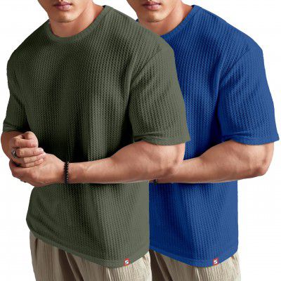 SHODOX Mens Solid Dotted Unique Design Oversized Tshirt for Men - Round Neck Loose Fit Drop Shoulder Mens T-Shirt(Pack of 2)