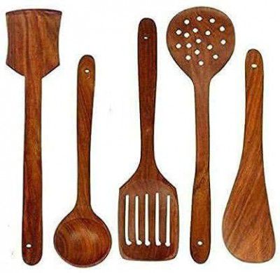 ShopiMoz Wooden Spoon 5 Sheesham (Rosewood) Natural Cooking Spoons, Ladles, Turning Spatulas Heavy Quality Kitchen Tool Set of 5 Pcs (Brown) (Heavy Quality Spatula Set of 5)