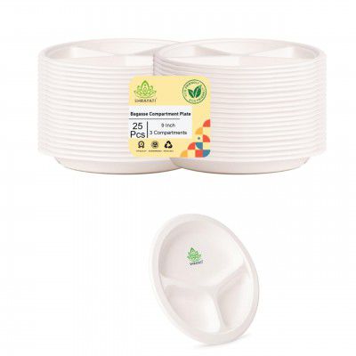 Shrayati Sugarcane Bagasse Plates - 9 Inch, 25 Pcs, 3 Compartment