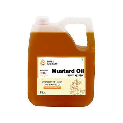 SHREE AASHIRWAD Wood Pressed Black Mustard Oil - 5L | Can | Kolhu/ Kacchi Ghani/ Chekku | Natural | Chemical-Free | Cold Pressed Mustard Oil for Cooking | Sarson Oil