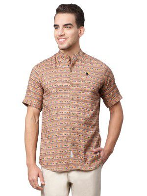 Shree Ram Krishna Mens Mens Cotton Rayon Foil Printed Collar Cap Sleeve Hawaii Holiday Shirts (Brown_Large)