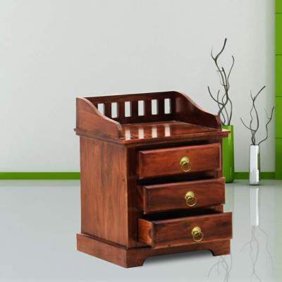 Shri Karni Handicraft Solid Wood Bedside End Table with 3 Drawer Storage for Bedroom (Sheesham Wood, Natural Brown)